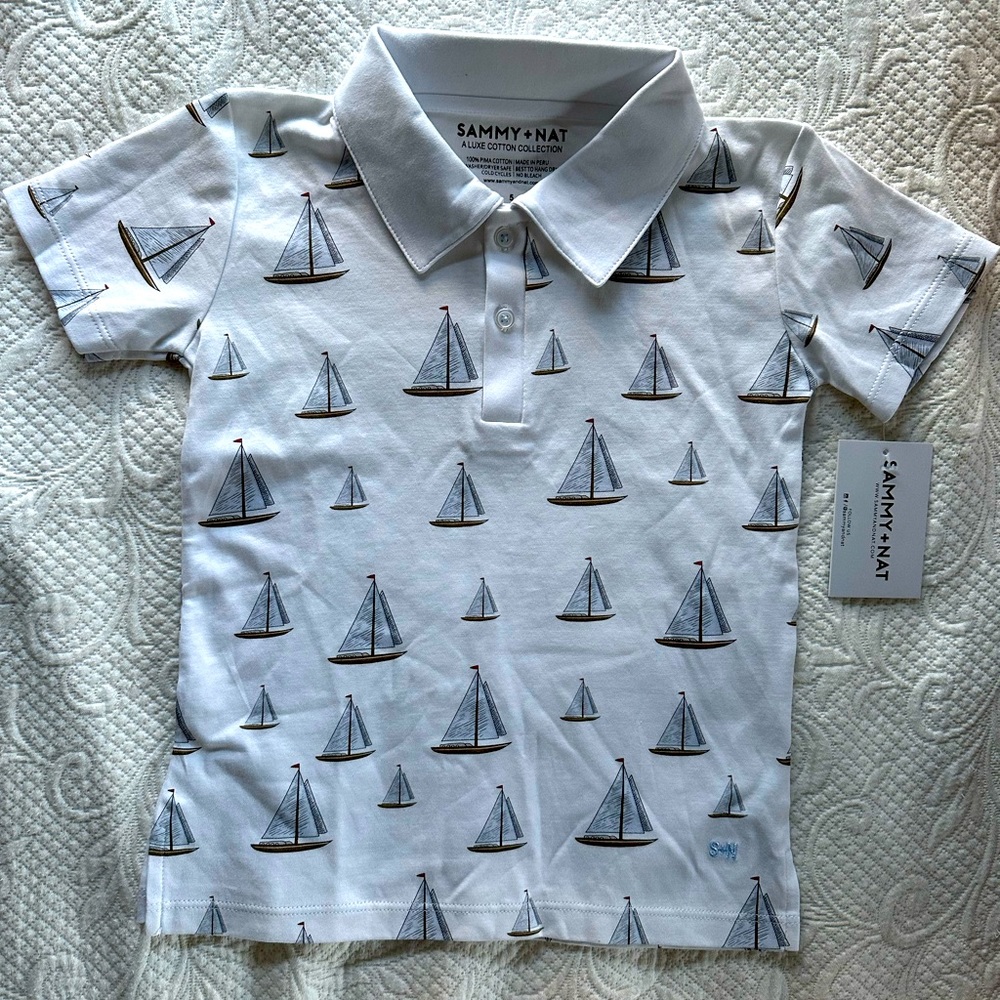 Sammy + Nat Boats Polo Short Sleeve Shirt with Sailboats. NWT